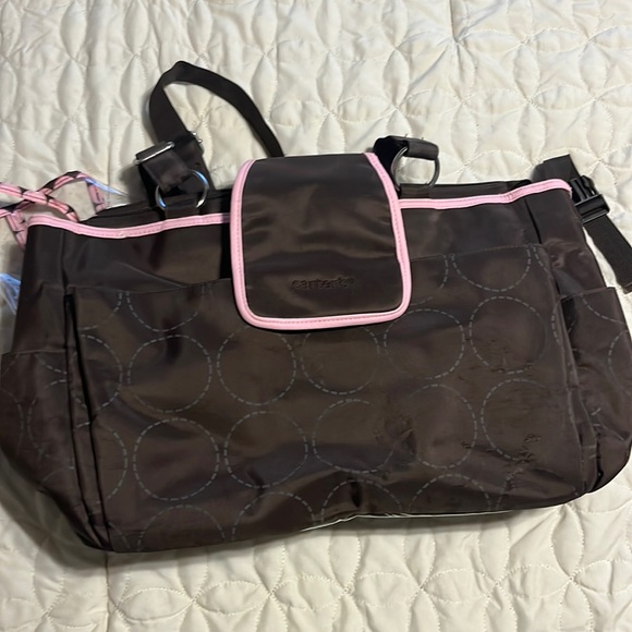 Carters brown/pink large diaper bag. Plastic lined w/ pockets & clips stroller. - Picture 1 of 4